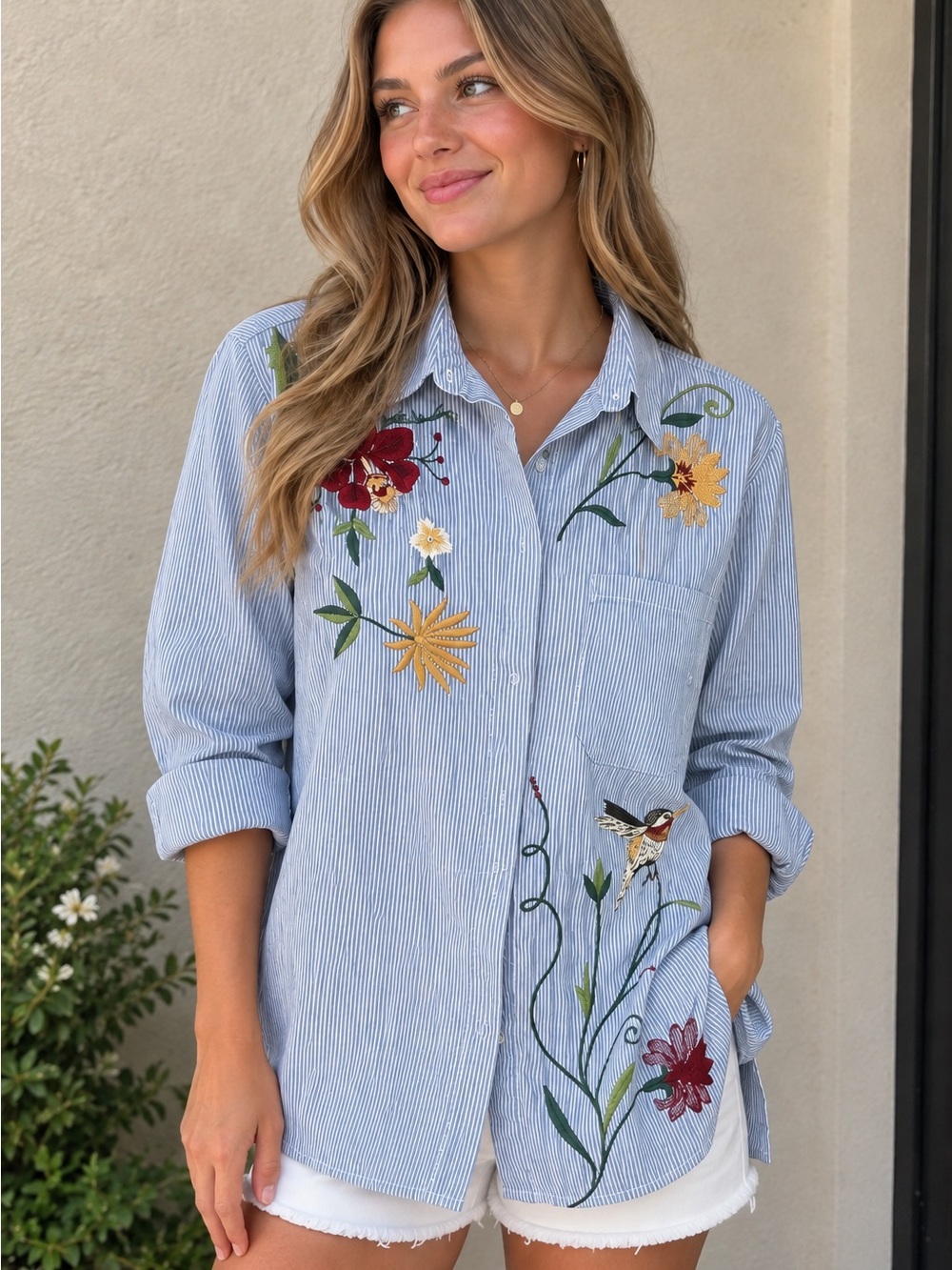 Zara Light Blue Pinstripe Embroidered Button-Down Shirt